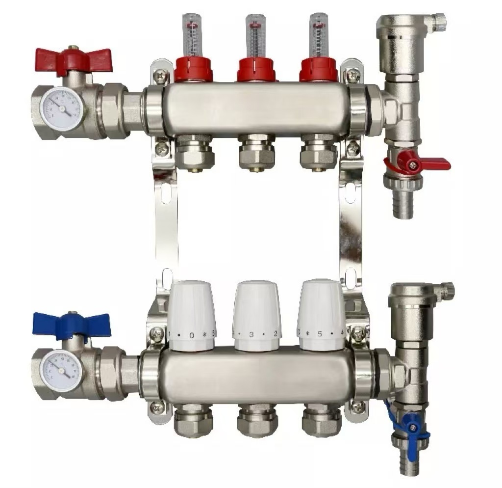 stainless steel manifold with brass flowmeters and valves for underfloor systems